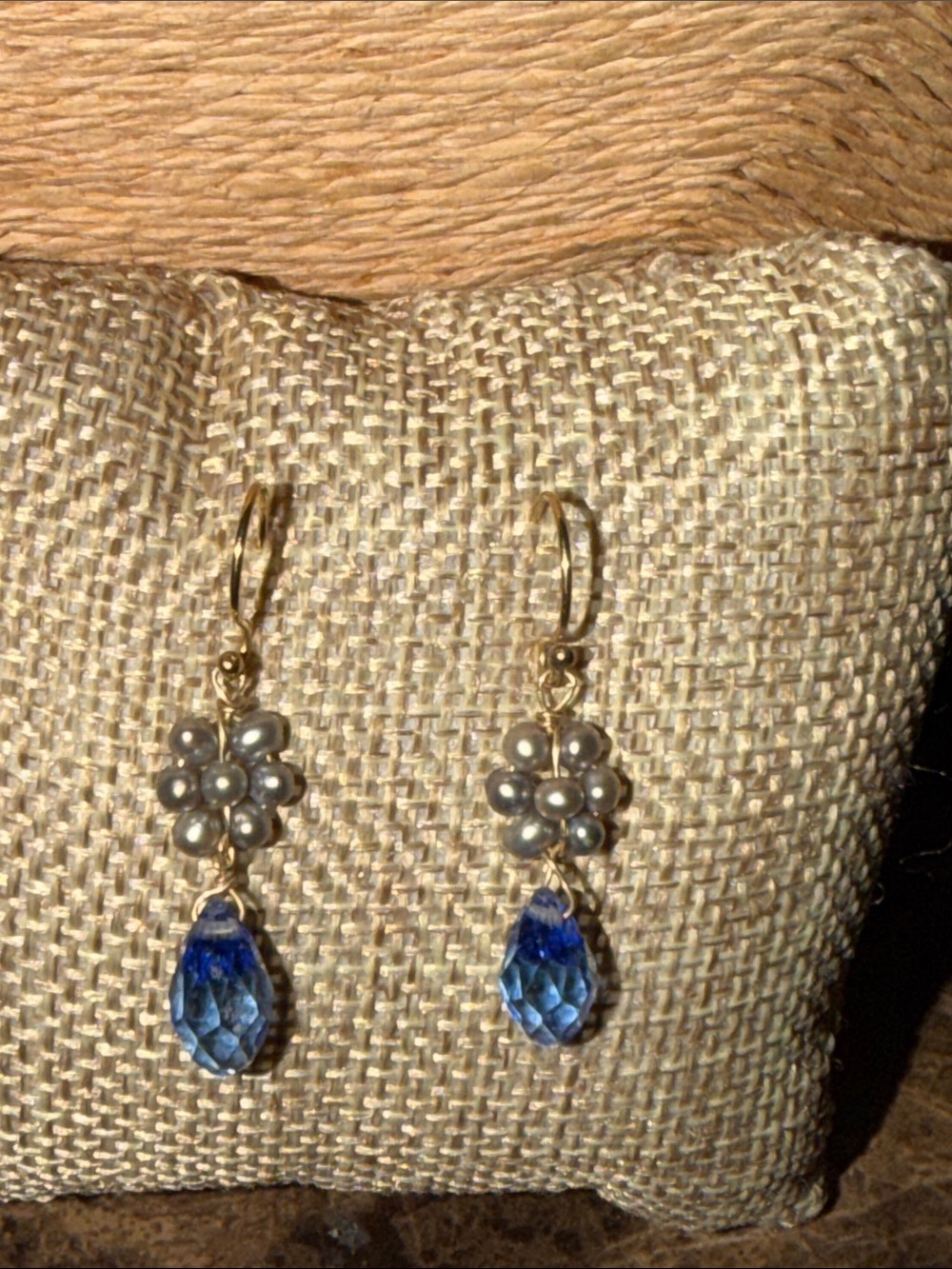 Fresh water pearl handmade flowers with blue teardrop crystals pierced earrings
